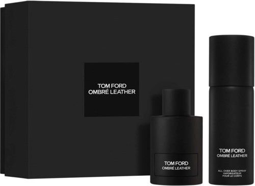 Beauty gift set including Tom Ford Ombre Leather perfume and body spray in black packaging.