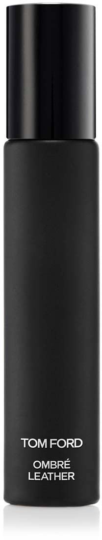Eine schwarze, zylindrische Flasche mit glänzendem Deckel, beschriftet "Tom Ford" und "Ombre Leather".