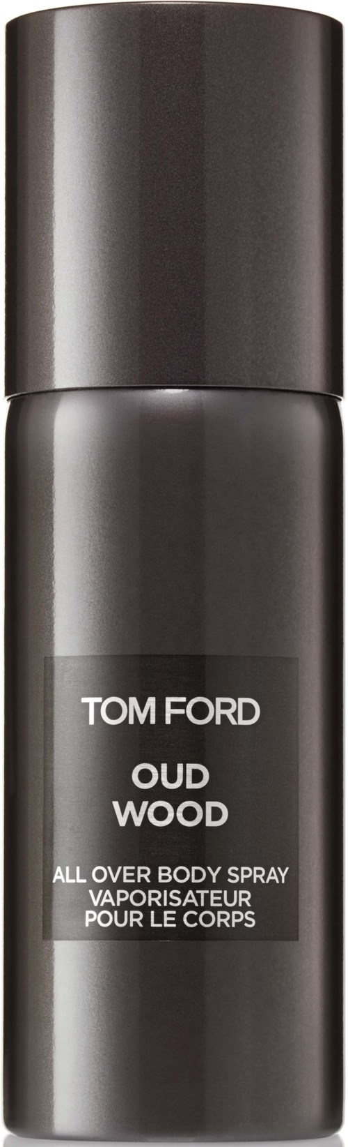 En svart cylindrisk sprayflaska märkt Tom Ford Oud Wood, en heltäckande kroppsspray.