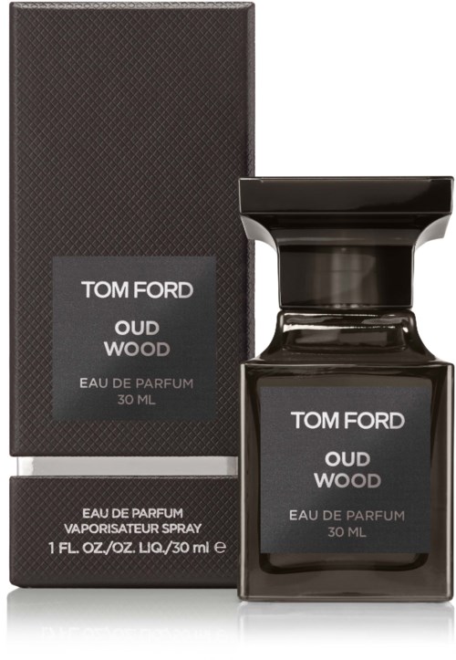 A black perfume bottle and box labeled 'Tom Ford Oud Wood' with simple, elegant design.