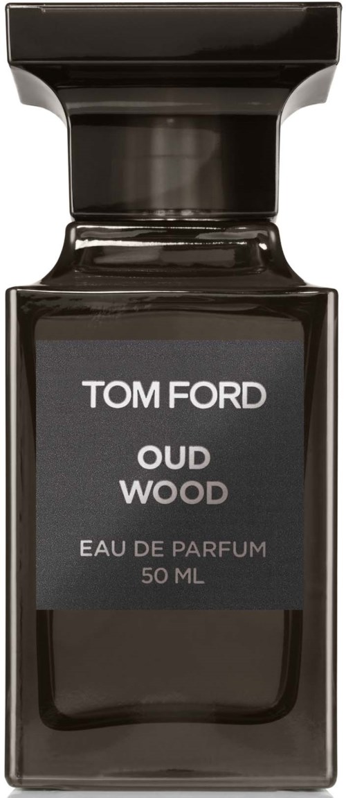 A black perfume bottle labeled Tom Ford Oud Wood, 50 ml, with a shiny cap.