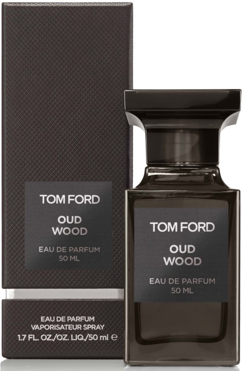 A perfume bottle and box labeled Tom Ford Oud Wood, black and gray colors, 50 ml size.