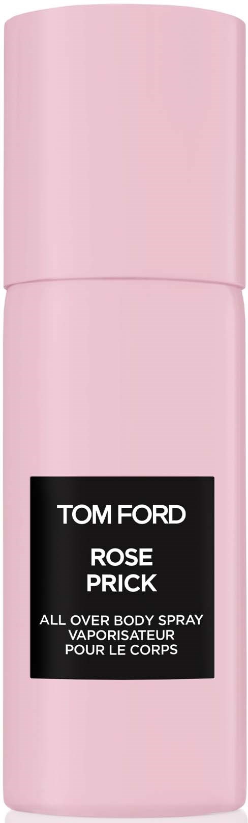 Pink body spray bottle labeled Tom Ford Rose Prick, all-over scent for body.