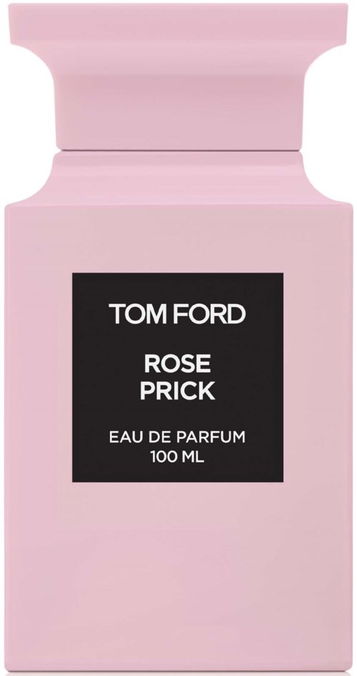 Pink perfume bottle labeled Tom Ford Rose Prick, 100 ml, with a black label on the front.