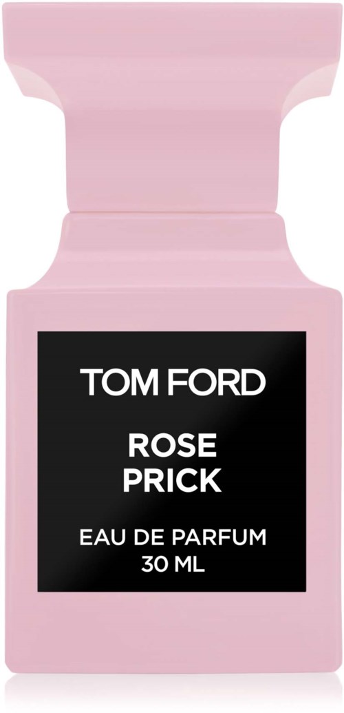 Pink perfume bottle with a black label stating 'Tom Ford Rose Prick' and 'Eau de Parfum 30 ML'.