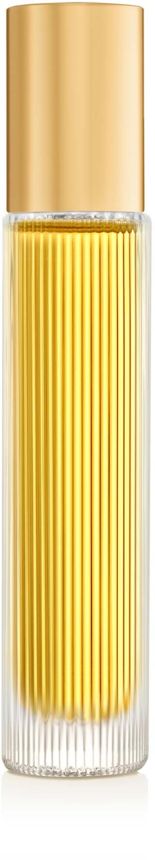 A tall clear bottle with a gold cap and yellow ribbed design inside. It appears to be a cosmetic or perfume container.