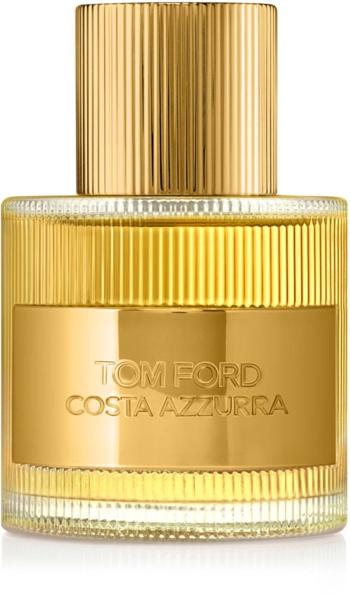 A small, gold-colored perfume bottle with a ribbed cap and label reading "Tom Ford Costa Azzurra."