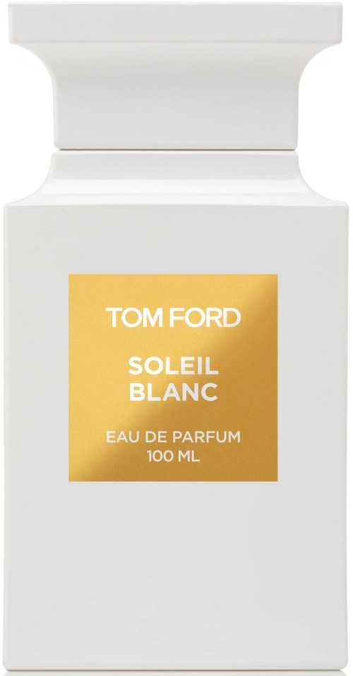 A white perfume bottle with a gold label that says Tom Ford Soleil Blanc, 100ml.