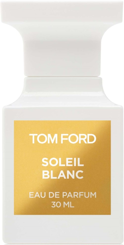 A small white perfume bottle with a gold label. The label says "Tom Ford Soleil Blanc Eau de Parfum, 30 ml.".