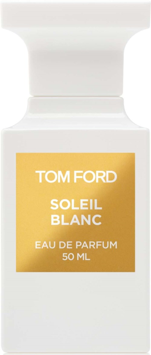 A white perfume bottle with a gold label saying 'Tom Ford Soleil Blanc Eau de Parfum 50 ML'.
