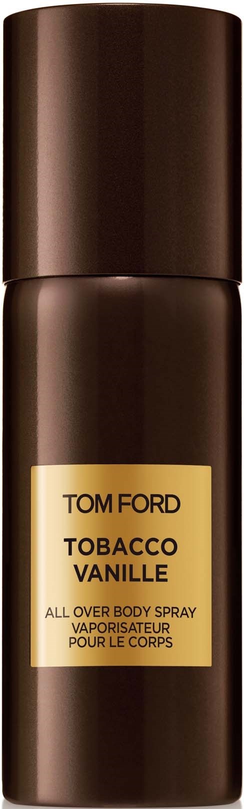 A tall, dark brown bottle with a golden label that says Tom Ford Tobacco Vanille, a body spray.