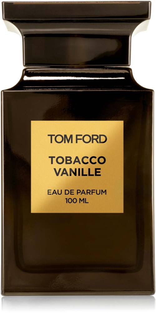 A dark brown perfume bottle with a gold label, labeled Tom Ford Tobacco Vanille Eau de Parfum, 100 ML.