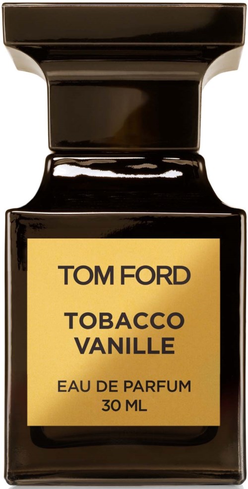 A small, glossy black perfume bottle with a gold label. The label has the name Tom Ford and scent details.