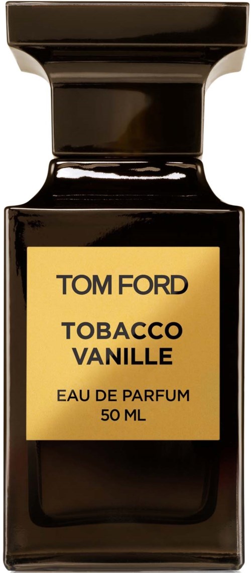 A black perfume bottle with a gold label displaying 'Tom Ford Tobacco Vanille Eau de Parfum 50 ML'.