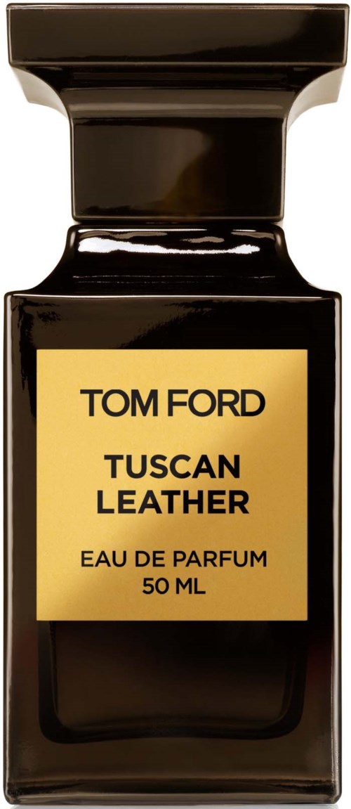 Musta hajuvesipullo kultatarralla, jossa lukee "Tom Ford Tuscan Leather Eau de Parfum, 50 ml."