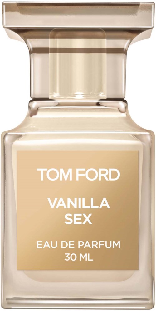 A perfume bottle labeled 'Tom Ford Vanilla Sex Eau De Parfum, 30 ML' with a beige and gold design.