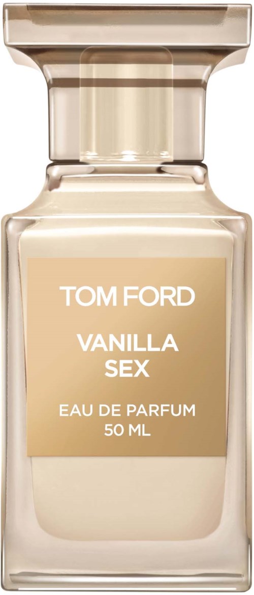 A perfume bottle labeled 'Tom Ford Vanilla Sex' with a beige-colored liquid inside.