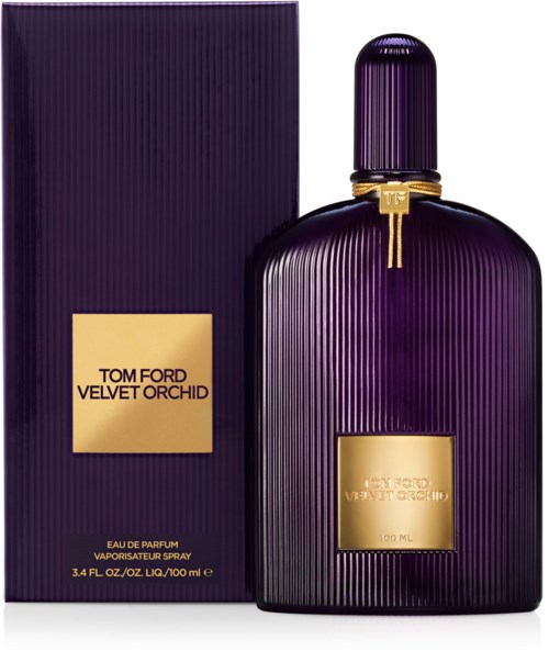Een paarse parfumfles en doos met goudkleurige labels en strepen, gelabeld 'Tom Ford Velvet Orchid' en 170 ml.