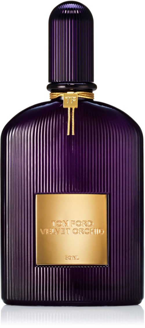 Een donkerpaarse parfumfles met verticale ribbels, een gouden label en bijpassend deksel, elegant en luxe design.