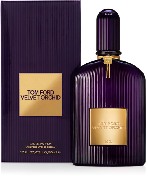 Een paarse parfumfles met een goudkleurig label, in een doos met de naam Tom Ford Velvet Orchid.