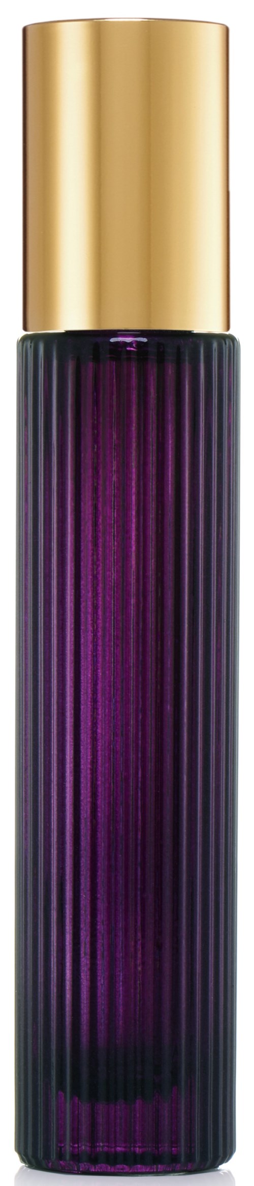 En lång, mörklila sprayflaska med ett glänsande guldock.