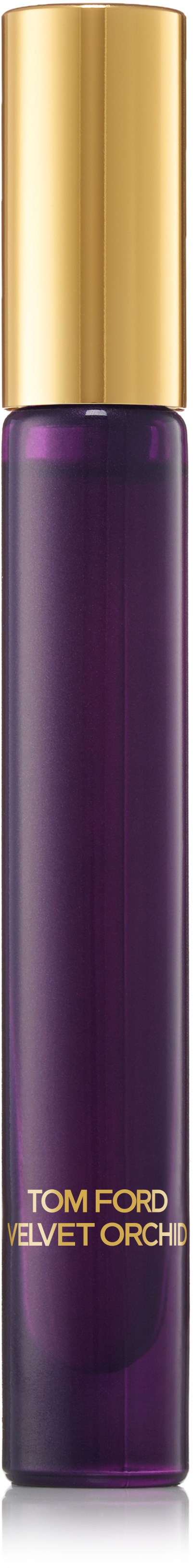 En lång, elegant parfyllåda med mörklila kropp och guldlock, märkt "Tom Ford Velvet Orchid."