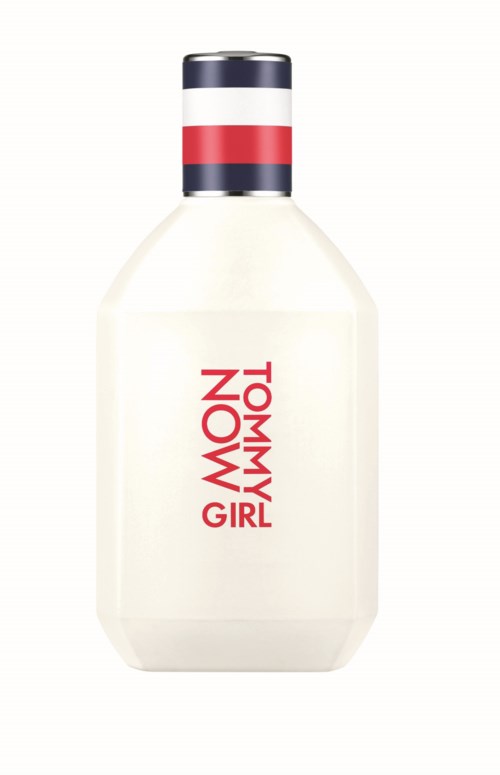 A white perfume bottle with a navy, red, and white striped cap and red text that says "TOMMY NOW GIRL."