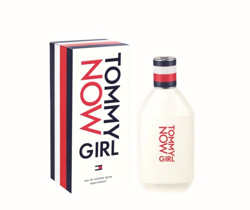 A perfume bottle and box with red, white, and blue stripes and the words "TOMMY NOW GIRL".