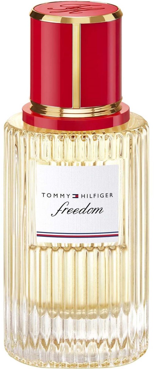 Tommy Hilfiger Freedom parfymeflaske med ribbet glass og rød-gull lokk.
