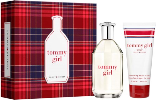 Tommy Girl-presentset med parfymflaska, kroppslotion och box med röd tartanmönster.
