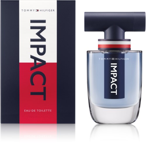 A bottle of Tommy Hilfiger Impact perfume next to its box, with a black cap and brand logo.