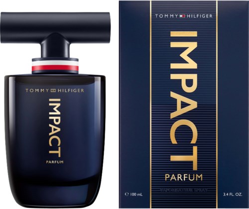 Tommy Hilfiger Impact perfume bottle and box are dark blue with gold, red, and white accents, simple and stylish.