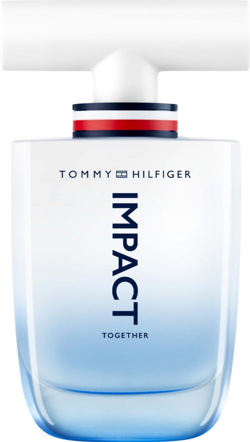 A white bottle with blue and red accents, labeled Tommy Hilfiger Impact, standing upright.