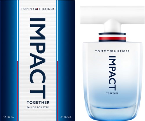 Tommy Hilfiger Impact fragrance box and bottle are mainly white with blue, red, and black accents, with 'Impact' written vertically.