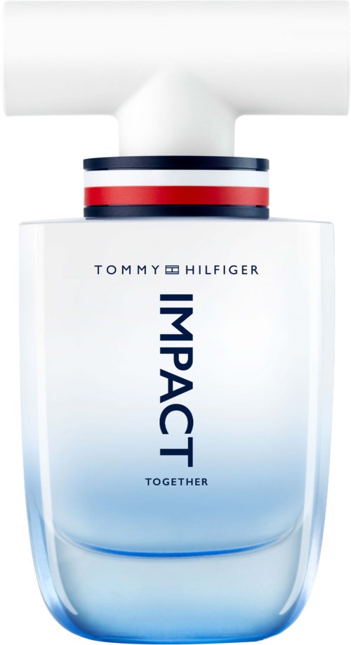 A clear bottle of Tommy Hilfiger Impact perfume with red, white, and blue cap. The bottle is mostly transparent and smooth.
