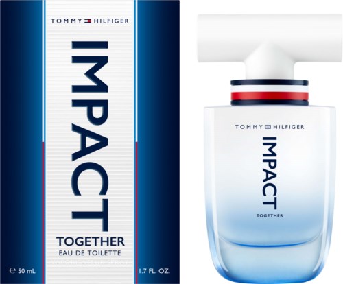 A perfume bottle and box with Tommy Hilfiger branding and the word "IMPACT" in large letters. The bottle has a white cap.