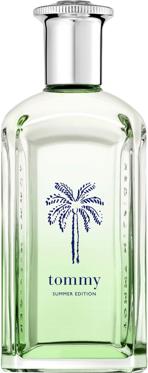 A clear glass bottle with a blue palm tree logo and the text "tommy SUMMER EDITION".