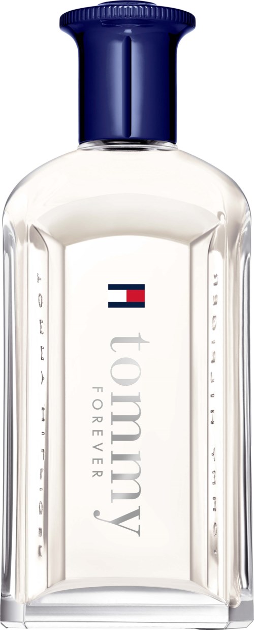 A clear bottle with a blue cap, labeled 'Tommy Hilfiger Forever Love'.