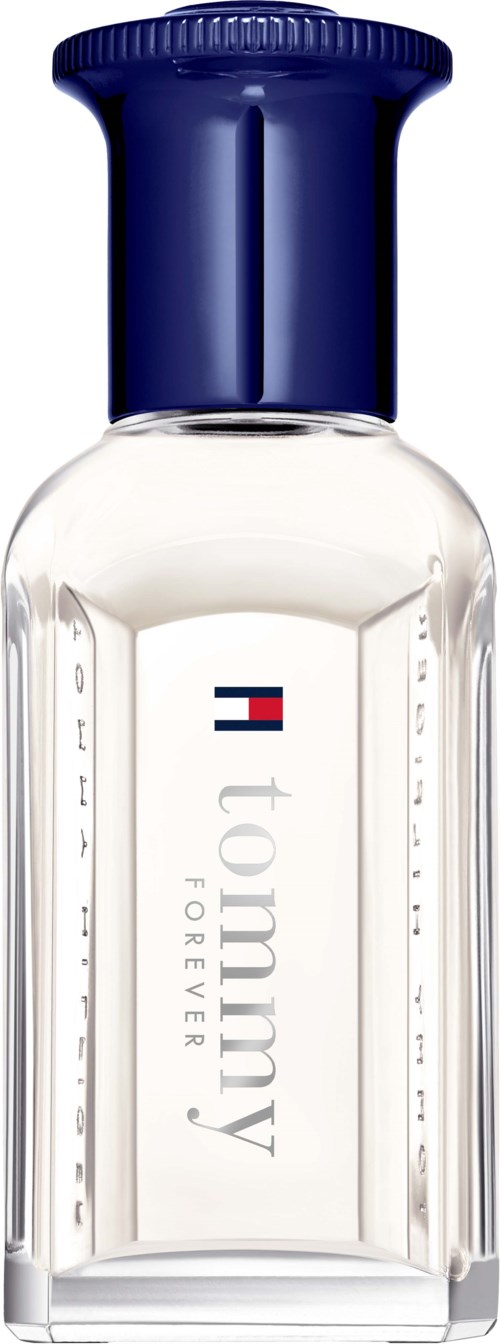 Tommy Hilfiger Forever perfume bottle with a blue cap and clear glass. Logo and name are on the front.