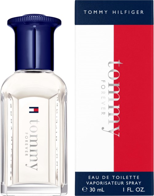 A perfume bottle with a blue cap next to a red, white, and blue box, labeled Tommy Hilfiger and Forever.