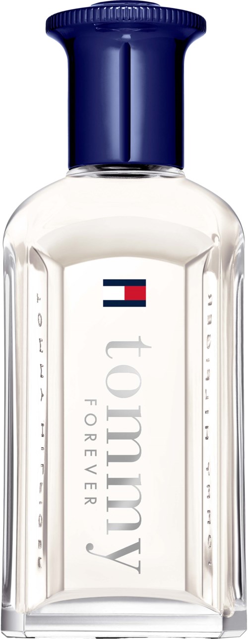 A clear perfume bottle with a blue cap, featuring the Tommy Hilfiger logo and the words "Tommy Forever".