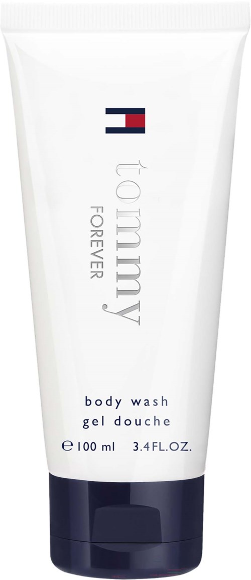 A white tube with a black cap, labeled Tommy Hilfiger body wash, 100 ml capacity, with logo and text.