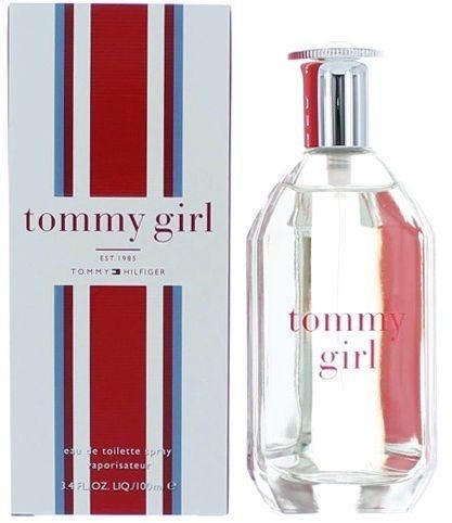 Tommy Girl perfume bottle and box with red, white, and blue stripes and text.