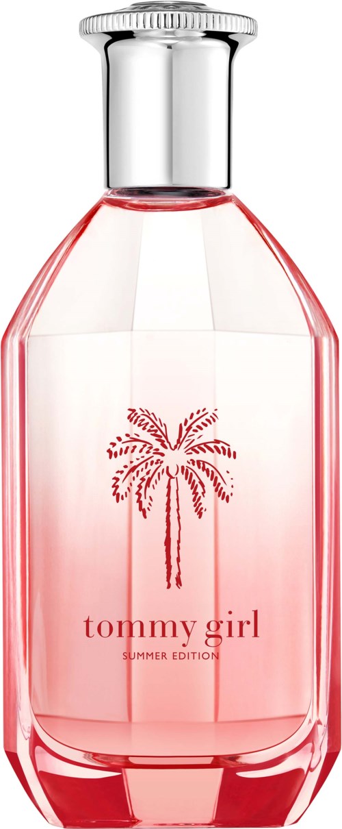 A pink perfume bottle with a palm tree logo and the text "tommy girl" on it.