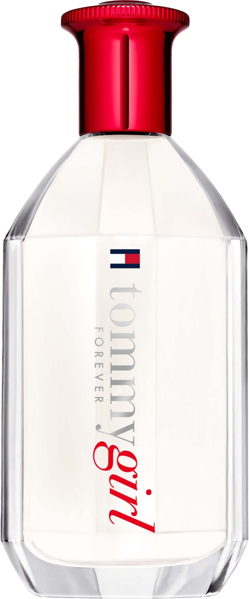 A clear perfume bottle with a red cap, displaying the Tommy Girl Forever logo.