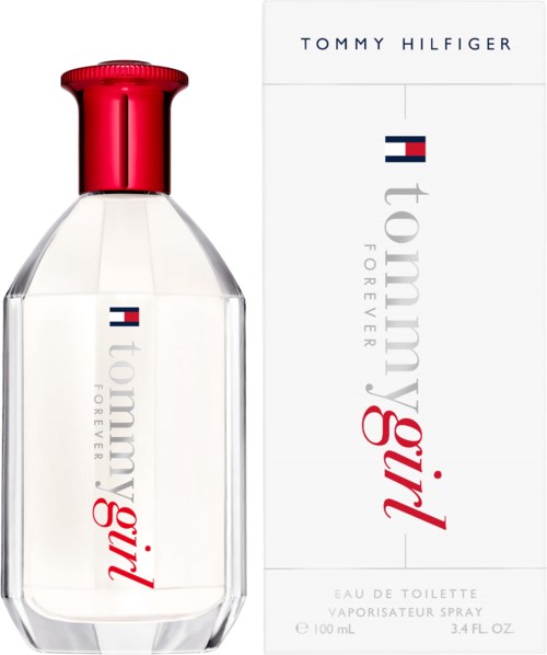 A bottle of Tommy Girl perfume next to its box, with red cap and white label.