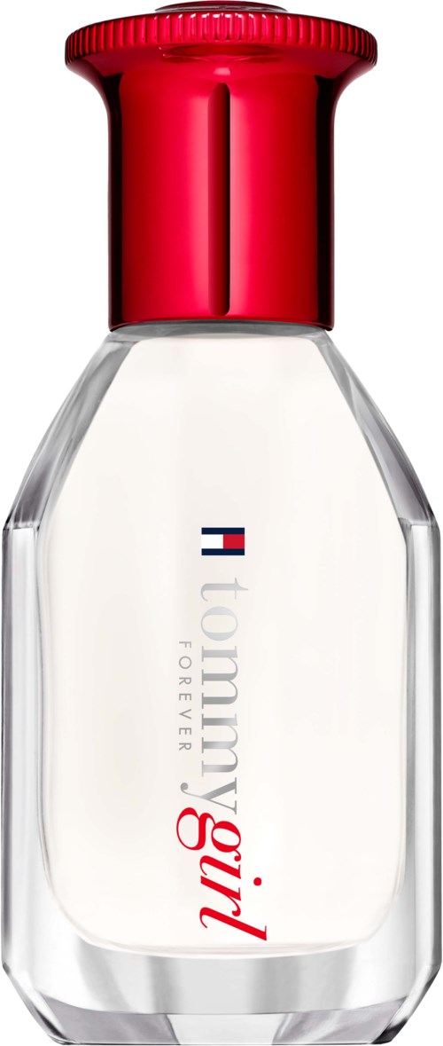 A clear glass bottle with a red cap, labeled 'Tommy Girl Forever' and a small flag symbol.