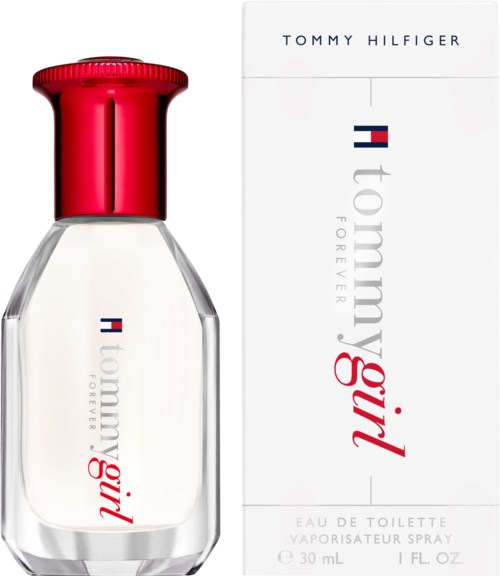 A perfume bottle with a red cap and a white box. The label shows Tommy Hilfiger, Girl, Forever, and Eau de Toilette.
