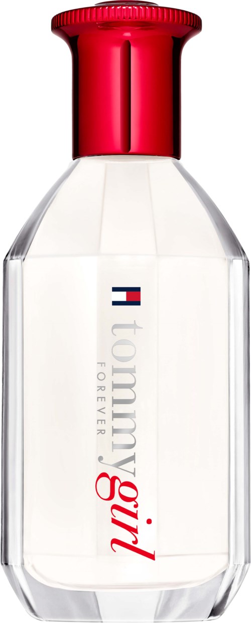A clear bottle with a red cap, labeled "Tommy Girl Forever".