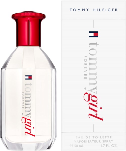 A clear perfume bottle with a red cap and white box with Tommy Hilfiger branding and text.